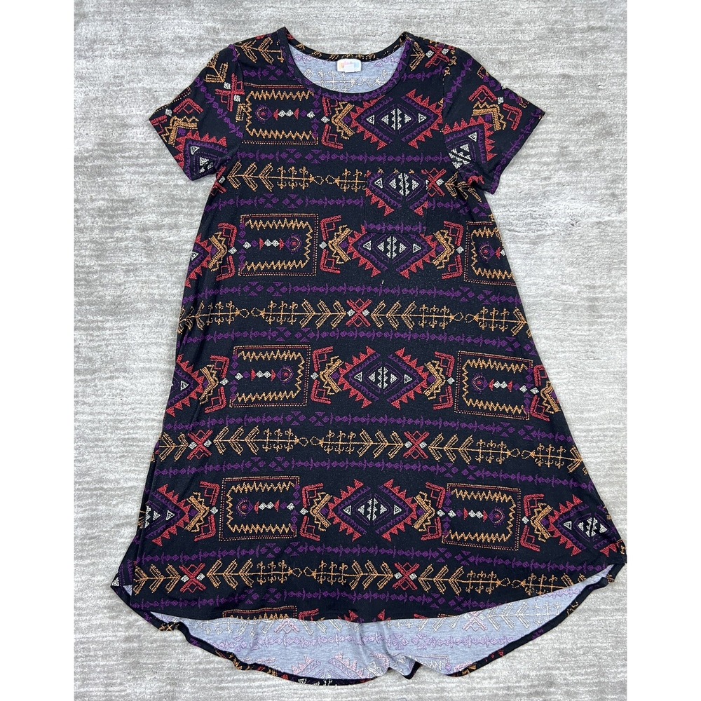 LuLaRoe Carly Dress Womens XS Black Purple Tribal Geometric Swing‎ High-Low Hem